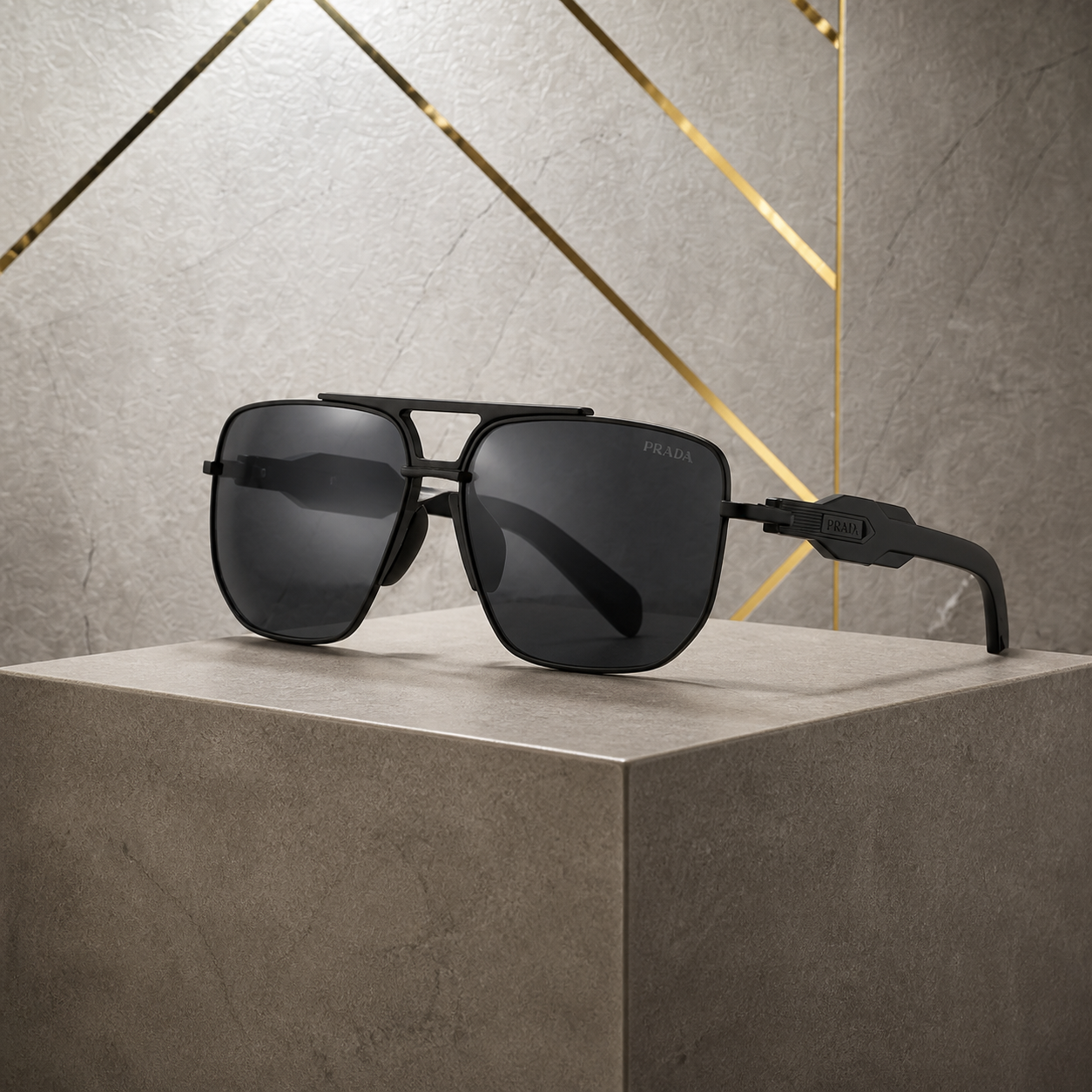 Prada squared aviator sunglasses in matte black frame with smoke lenses, hero view
