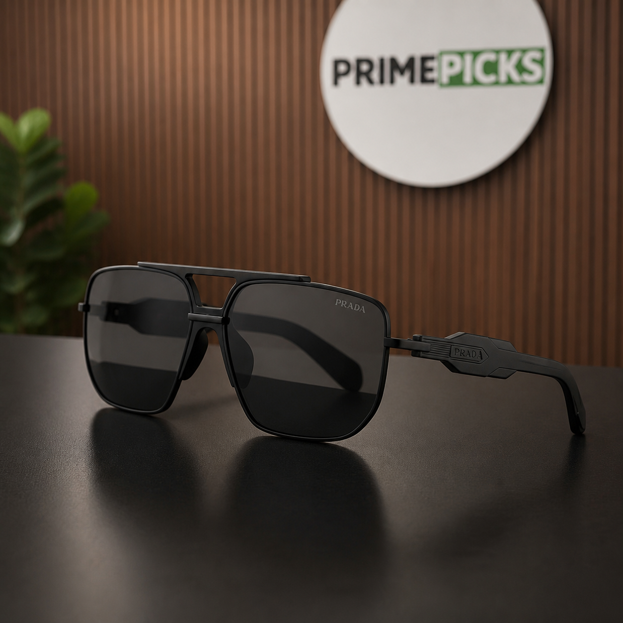 Prada squared aviator sunglasses in matte black frame with smoke lenses, alternate angle