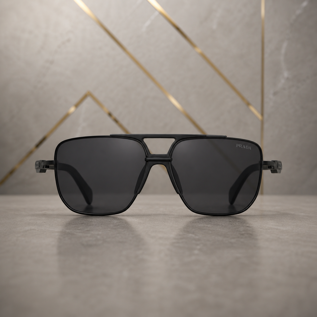 Prada squared aviator sunglasses in matte black frame with smoke lenses, front view