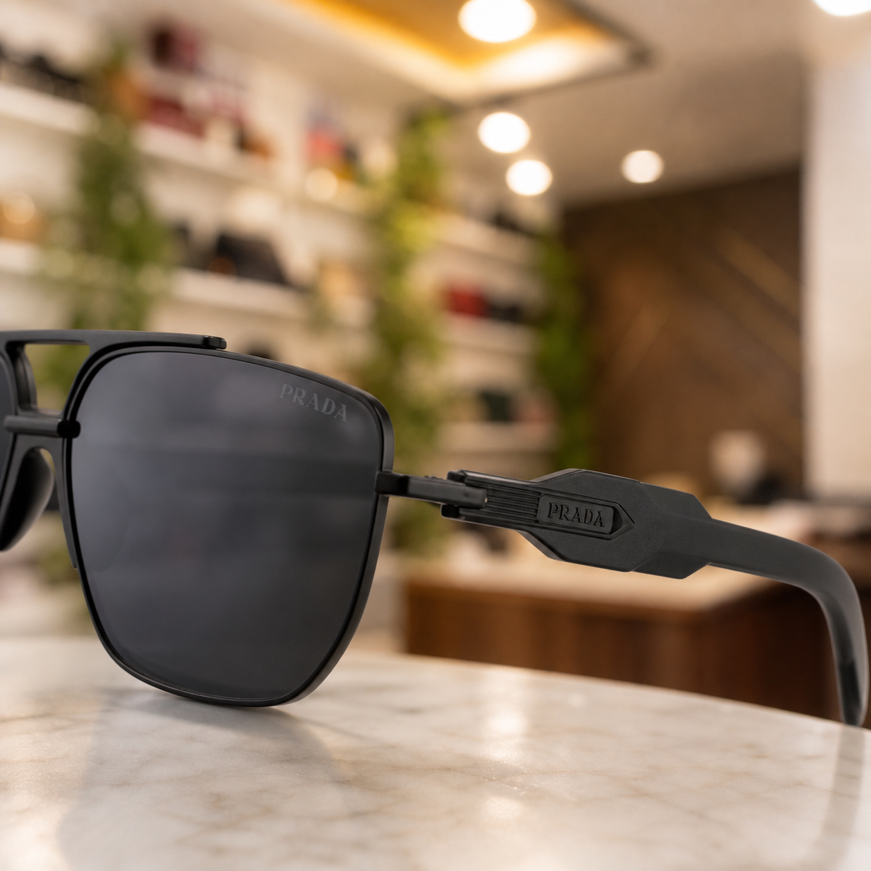 Prada squared aviator sunglasses in matte black frame with smoke lenses, temple and hinge detail