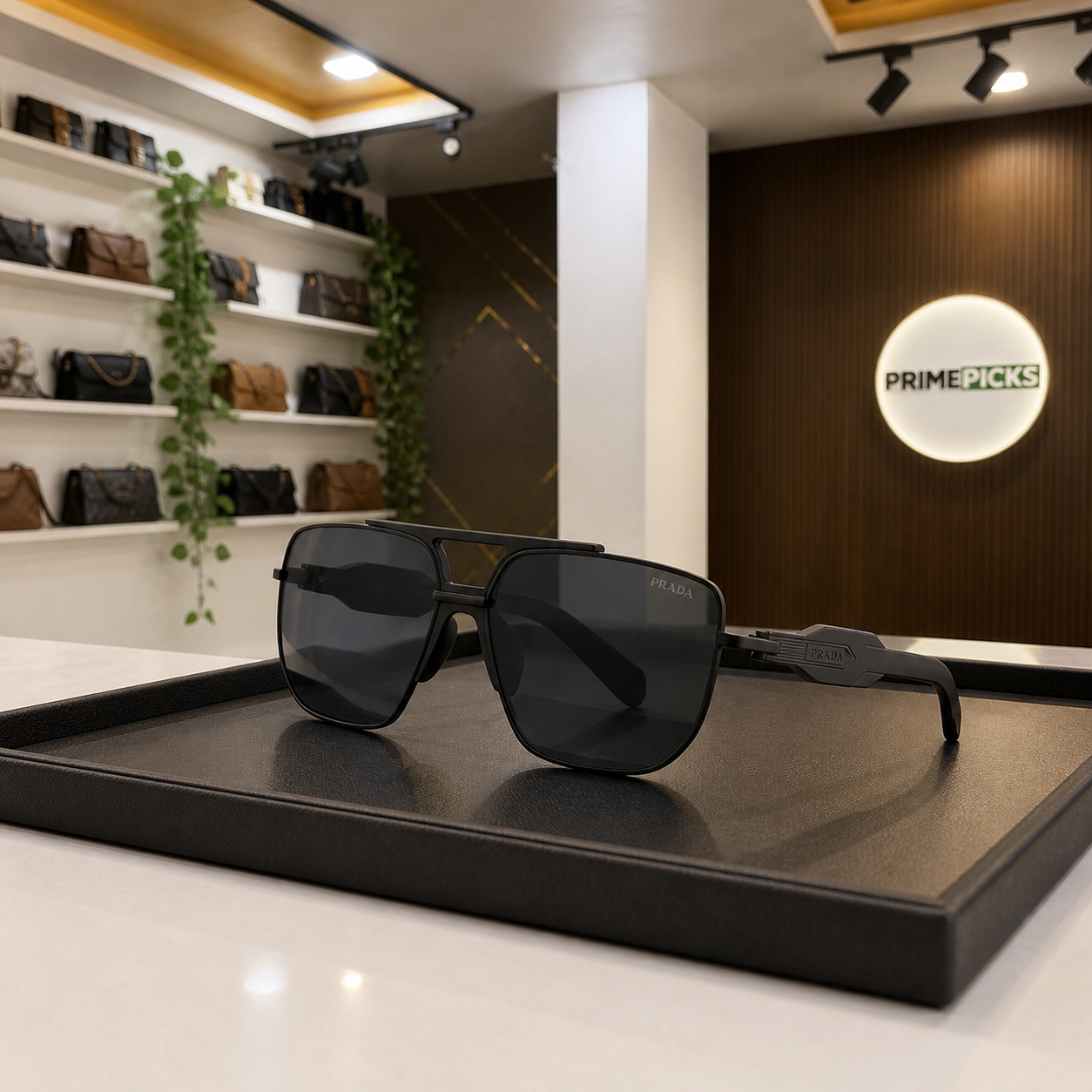 Prada squared aviator sunglasses in matte black frame with smoke lenses, PrimePicks office display