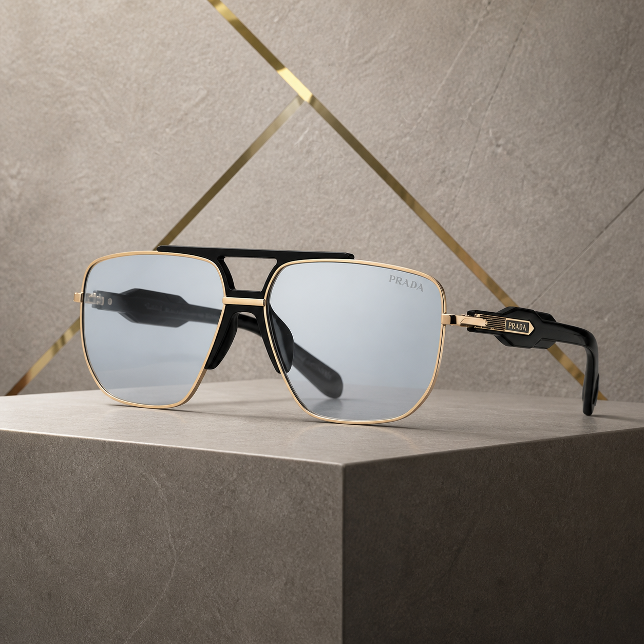 Prada squared aviator sunglasses in champagne gold frame with pale blue lenses, hero view