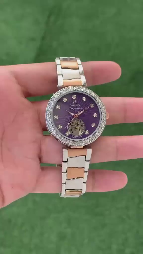 Omega Ladymatic purple dial open-heart automatic watch video