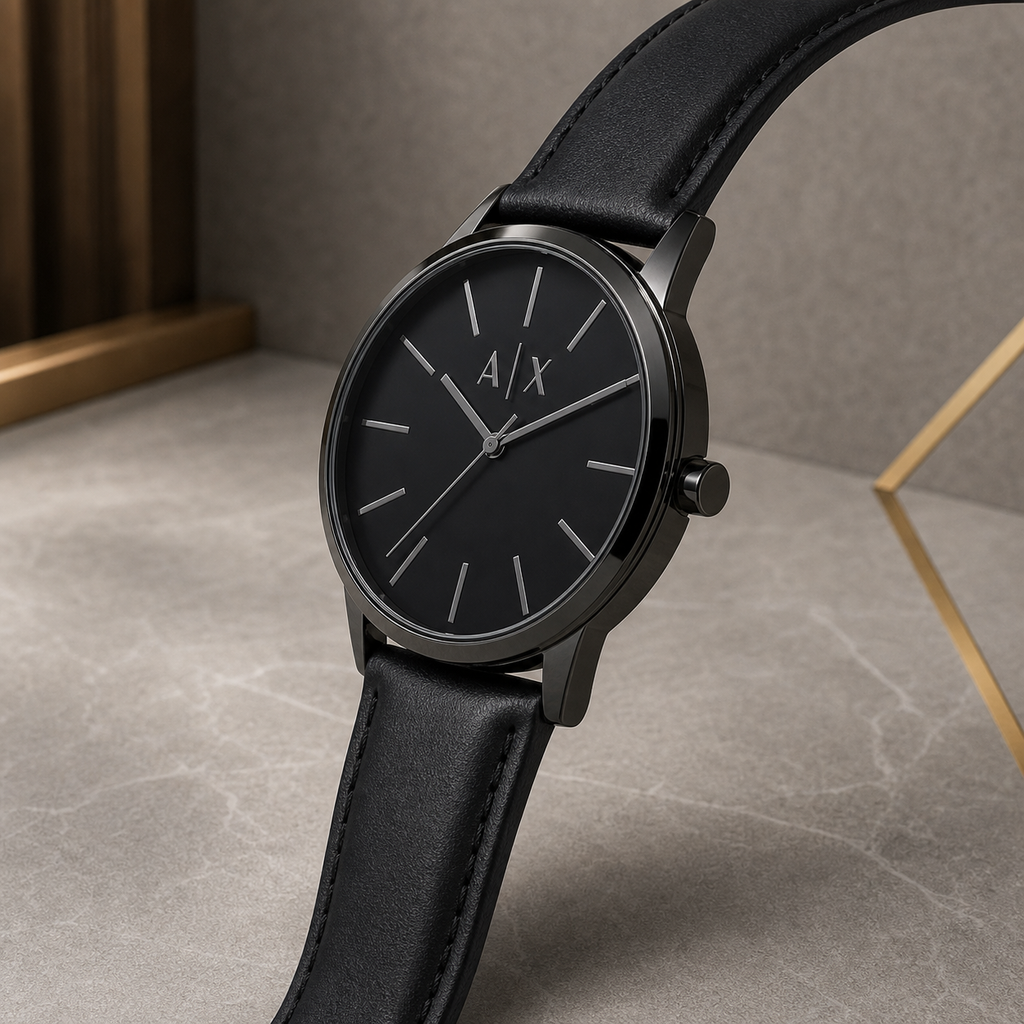 PrimePicks black minimalist A|X dial watch side and crown detail