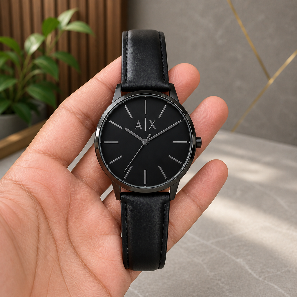 PrimePicks black minimalist A|X dial watch hand held scale view
