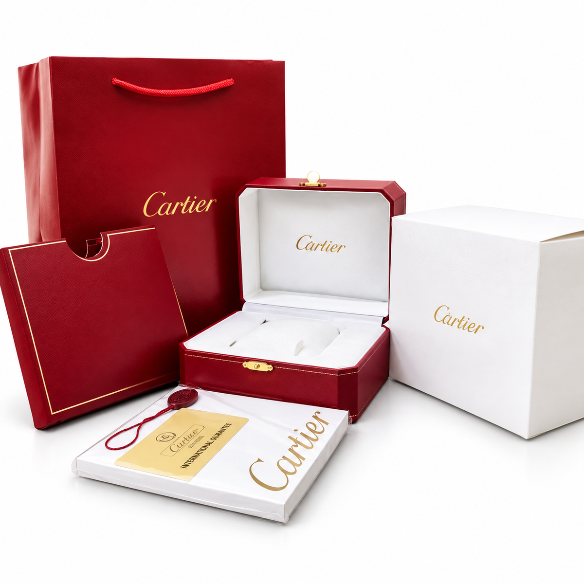 Optional Cartier OG packaging kit on white; watch not included