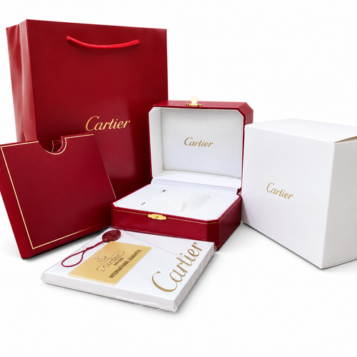 Digitally staged white-background view of the optional Cartier OG packaging kit; watch not included