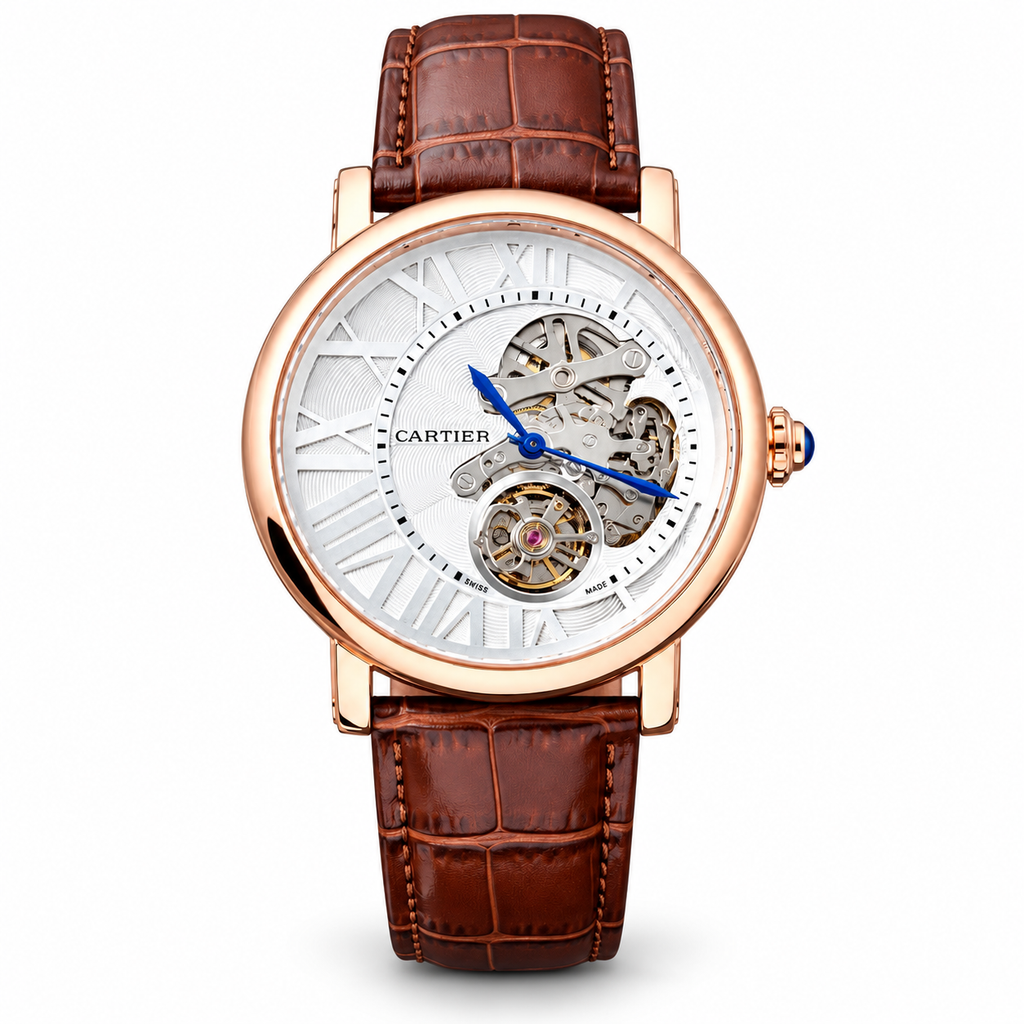 Cartier Style skeleton watch in rose gold tone with white dial and brown strap on white background