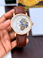 Cartier Style skeleton watch in rose gold tone with white dial and brown strap original view
