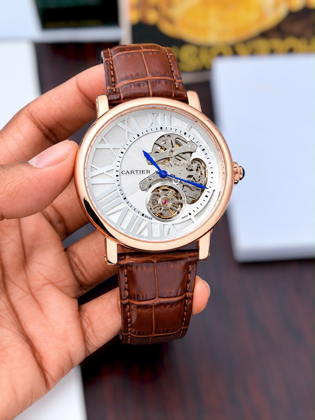 Cartier Style skeleton watch in rose gold tone with white dial and brown strap original view