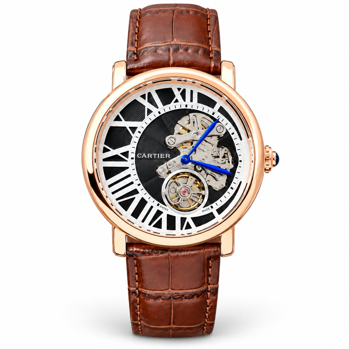 Cartier Style skeleton watch in rose gold tone with black dial and brown strap on white background