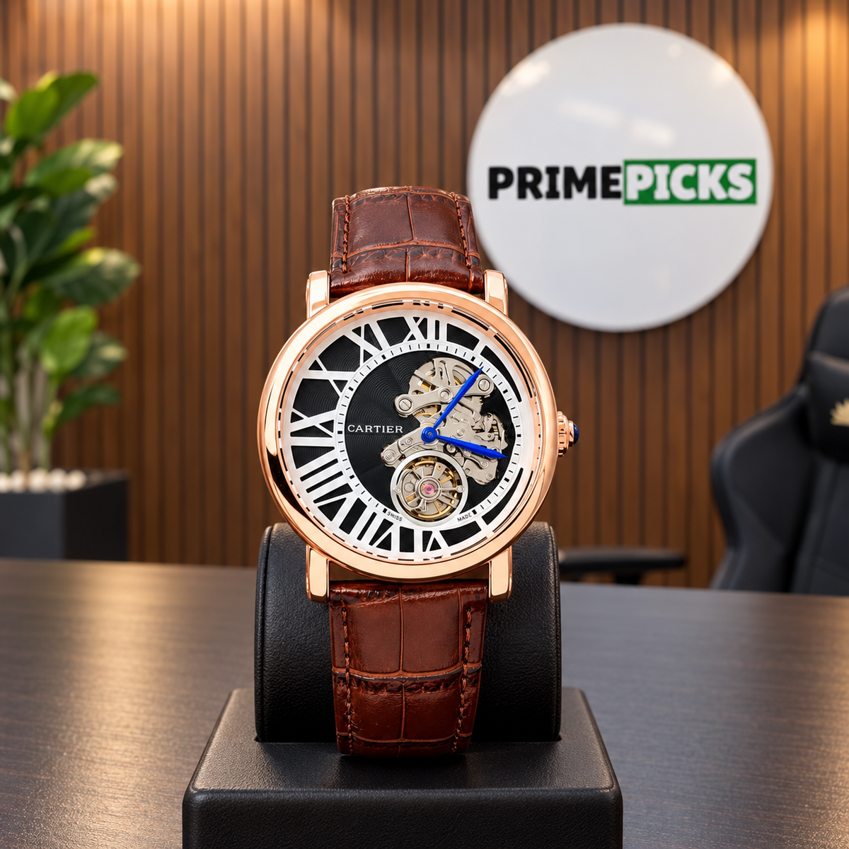 Cartier Style skeleton watch in rose gold tone with black dial and brown strap in PrimePicks office