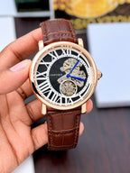 Cartier Style skeleton watch in rose gold tone with black dial and brown strap original view