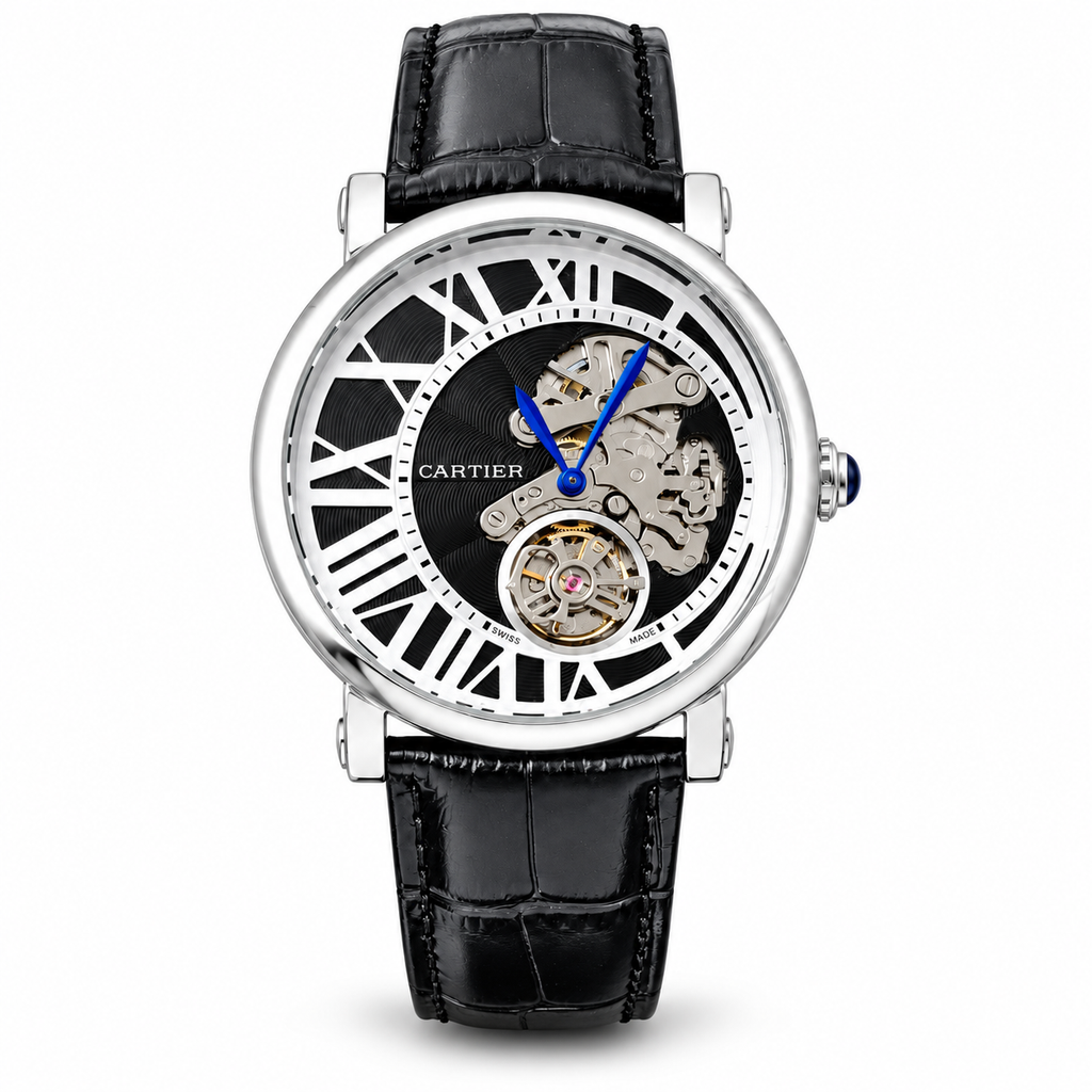 Cartier Style skeleton watch in steel tone with black dial and black strap on white background