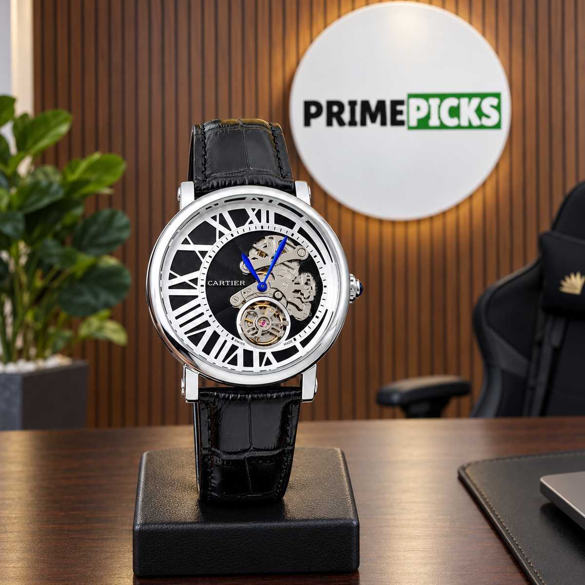 Cartier Style skeleton watch in steel tone with black dial and black strap in PrimePicks office