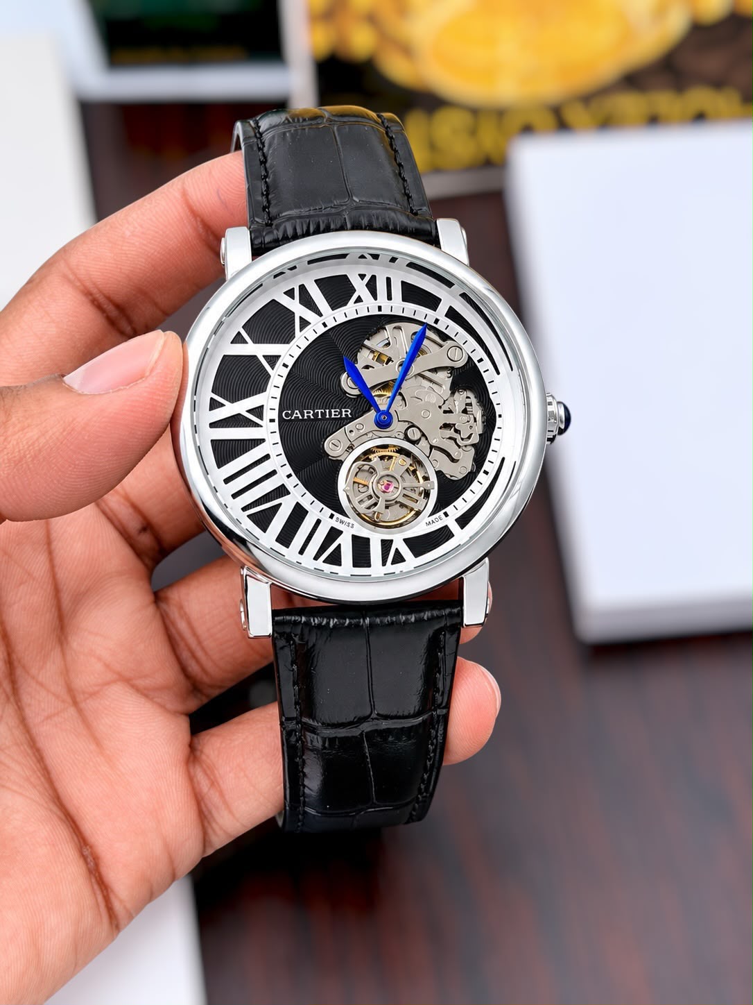 Cartier Style skeleton watch in steel tone with black dial and black strap original view