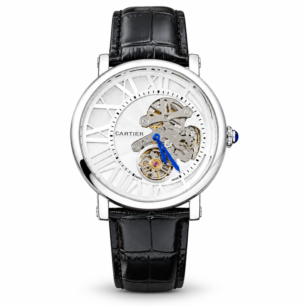 Cartier Style skeleton watch in steel tone with white dial and black strap on white background