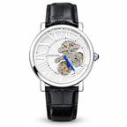 Cartier Style skeleton watch in steel tone with white dial and black strap on white background