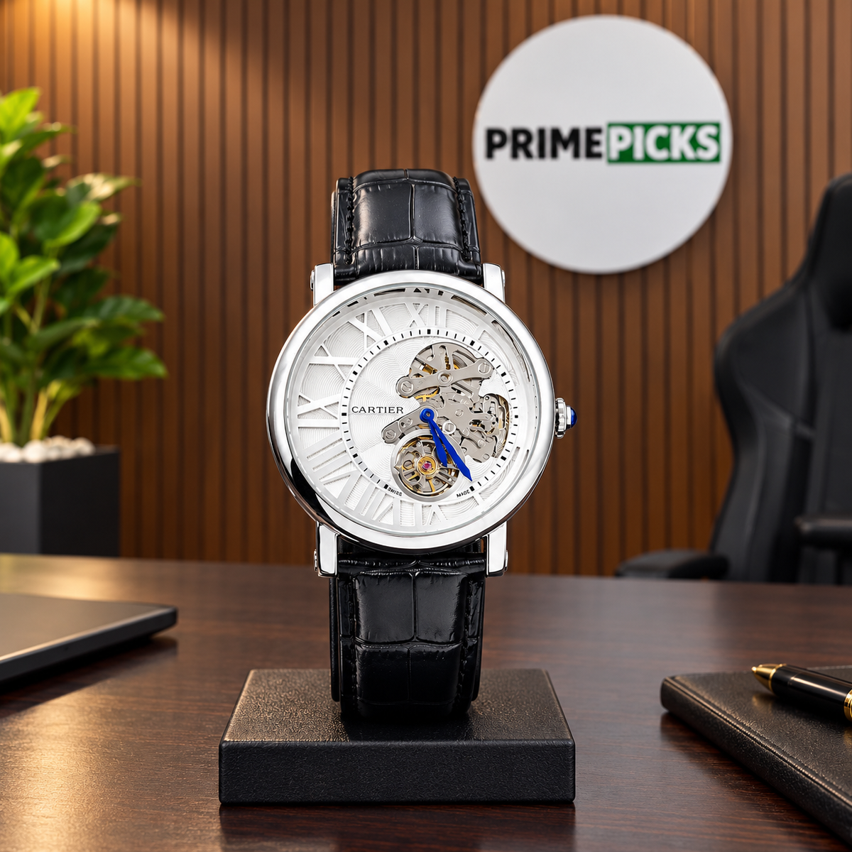 Cartier Style skeleton watch in steel tone with white dial and black strap in PrimePicks office