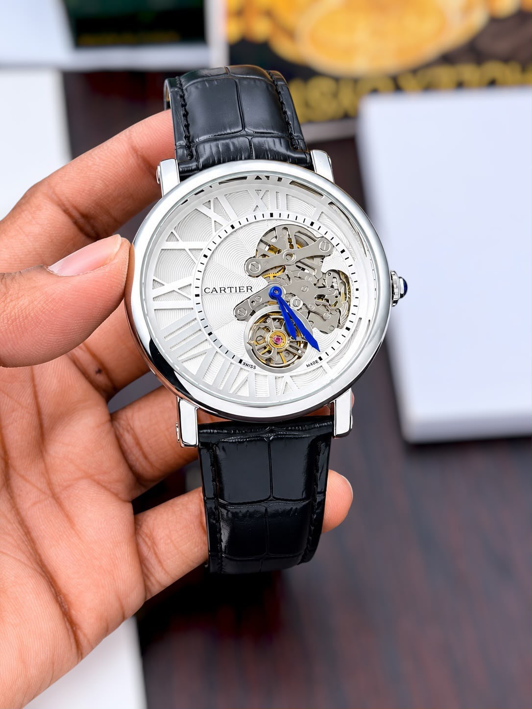 Cartier Style skeleton watch in steel tone with white dial and black strap original view