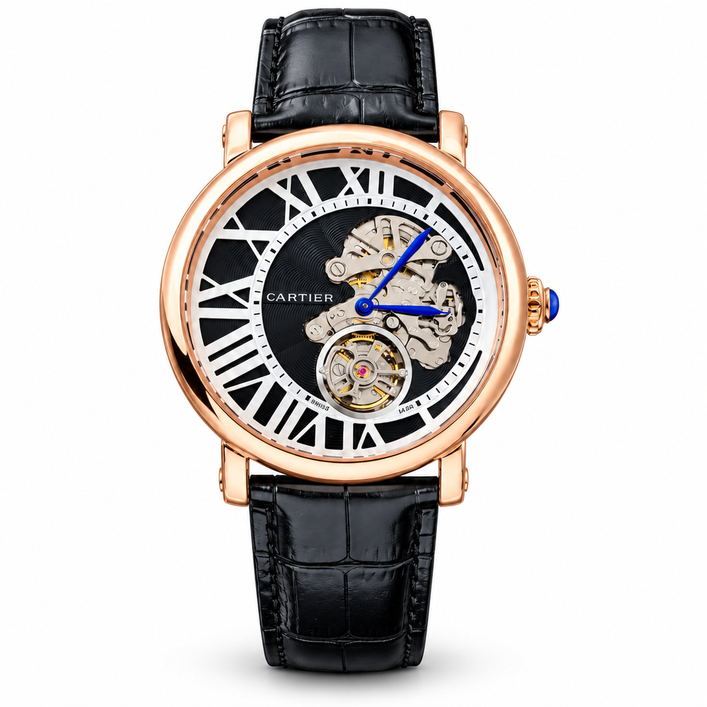Cartier Style skeleton watch in rose gold tone with black dial and black strap on white background