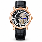 Cartier Style skeleton watch in rose gold tone with black dial and black strap on white background
