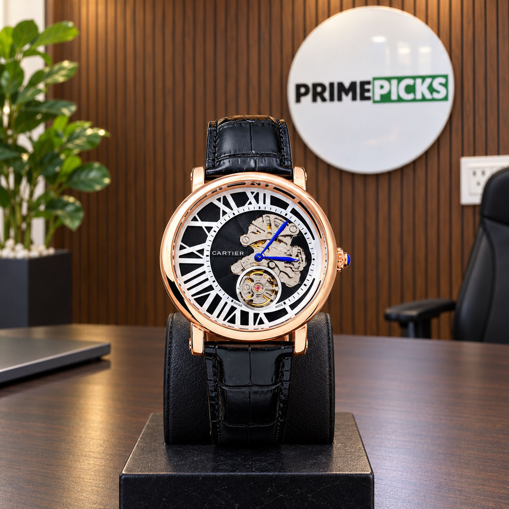Cartier Style skeleton watch in rose gold tone with black dial and black strap in PrimePicks office