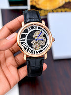 Cartier Style skeleton watch in rose gold tone with black dial and black strap original view