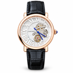 Cartier Style skeleton watch in rose gold tone with white dial and black strap on white background
