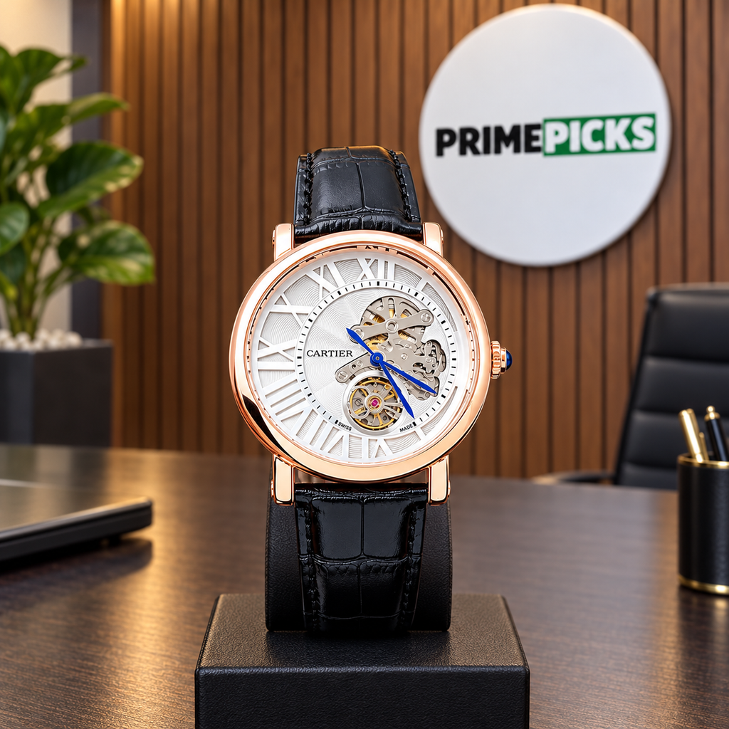 Cartier Style skeleton watch in rose gold tone with white dial and black strap in PrimePicks office