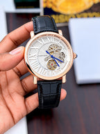 Cartier Style skeleton watch in rose gold tone with white dial and black strap original view