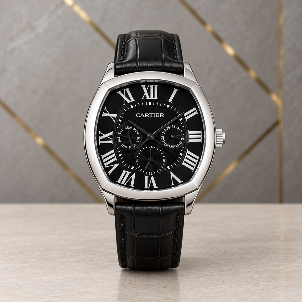 Digitally staged Cartier replica multifunction watch in the PRIMEPICKS grey-and-gold office setting
