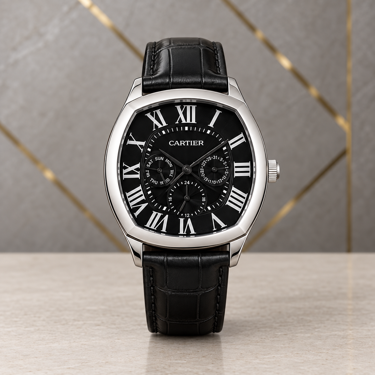 Digitally staged Cartier replica multifunction watch in the PRIMEPICKS grey-and-gold office setting