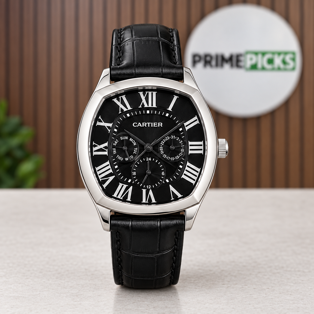 Digitally staged Cartier replica multifunction watch in the PRIMEPICKS wood-wall office setting