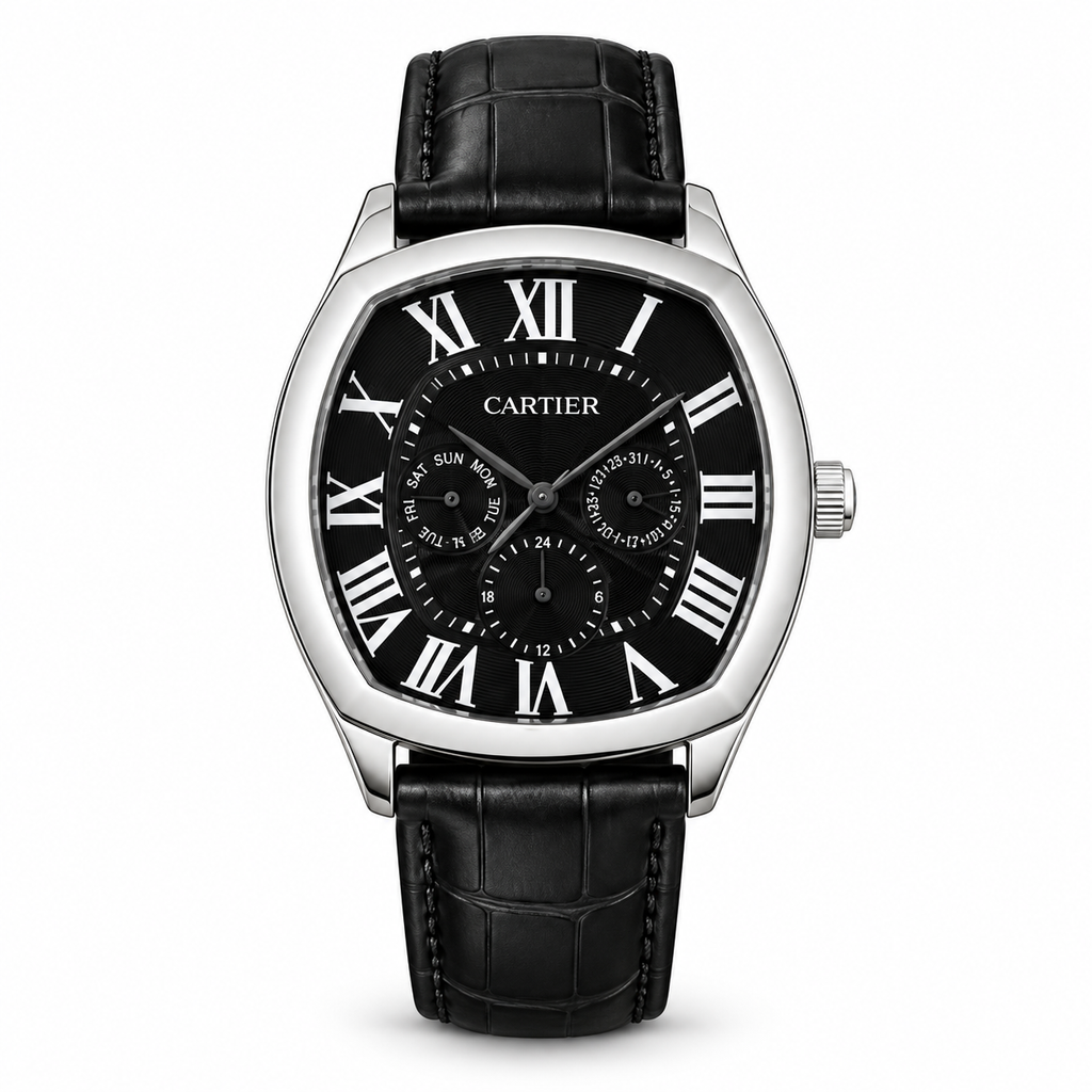 Digitally staged white-background view of the Cartier replica multifunction watch with black dial and strap