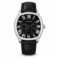 Digitally staged white-background view of the Cartier replica multifunction watch with black dial and strap