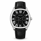 Digitally staged white-background view of the Cartier multifunction watch with black dial and strap