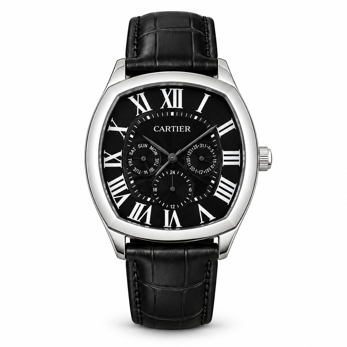 Digitally staged white-background view of the Cartier replica multifunction watch with black dial and strap