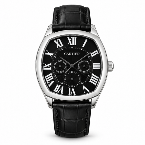 Digitally staged white-background view of the Cartier multifunction watch with black dial and strap