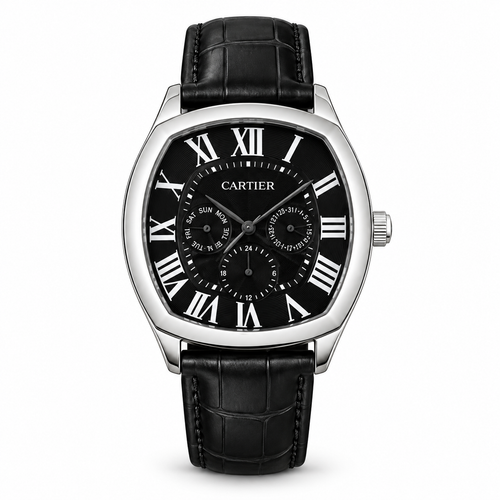 Digitally staged white-background view of the Cartier replica multifunction watch with black dial and strap