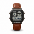 Casio AE-1200WHL replica digital watch with brown stitched strap and black display on white, edited from the supplied image