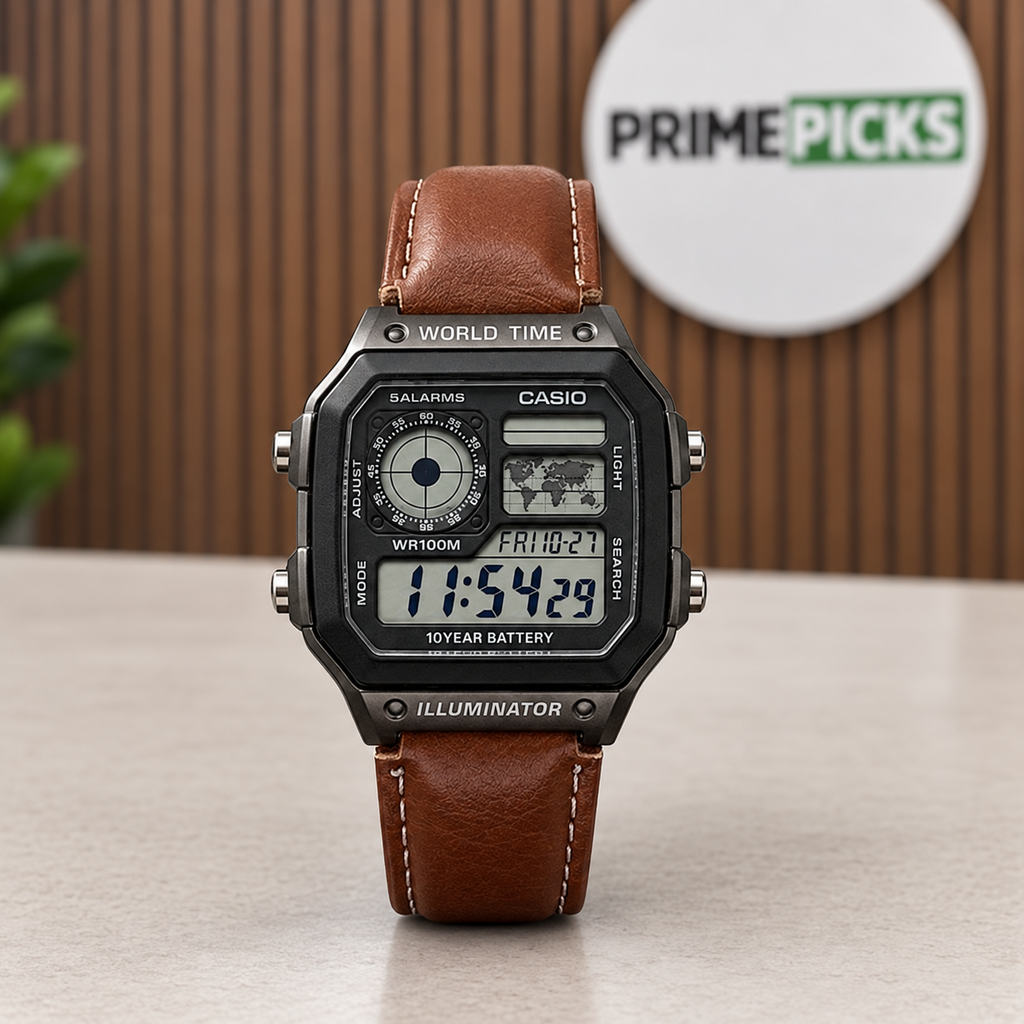 Brown-strap Casio AE-1200WHL replica digital watch in an edited PRIMEPICKS office setting