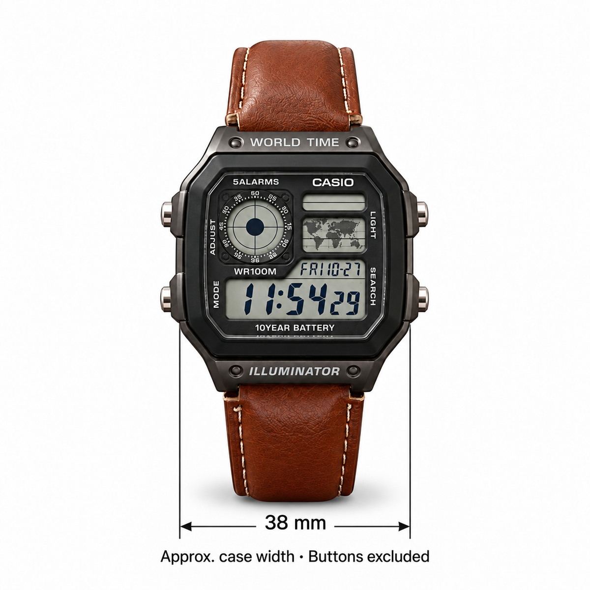 Casio AE-1200WHL replica watch with approximate 38 mm case width marked, excluding side buttons