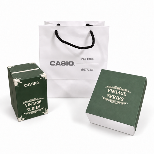 Optional Casio Vintage OG packaging kit, green presentation boxes and white carry bag on white background