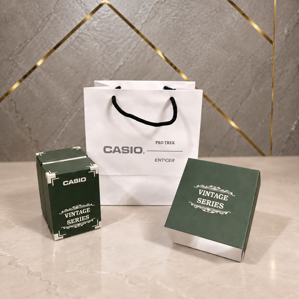 Optional Casio Vintage OG packaging kit shown in an edited PRIMEPICKS office setting