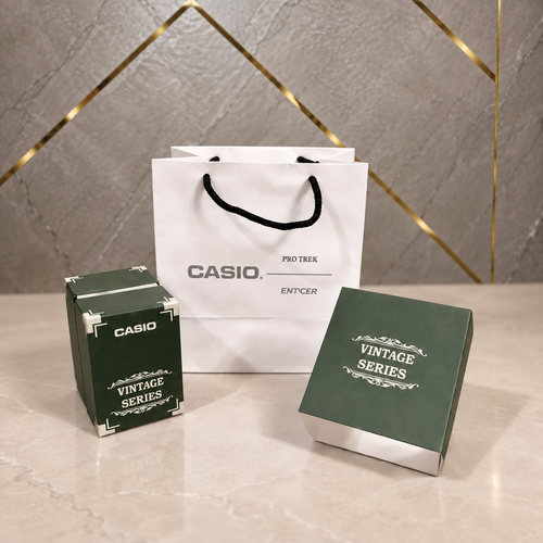 Optional Casio Vintage OG packaging kit shown in an edited PRIMEPICKS office setting