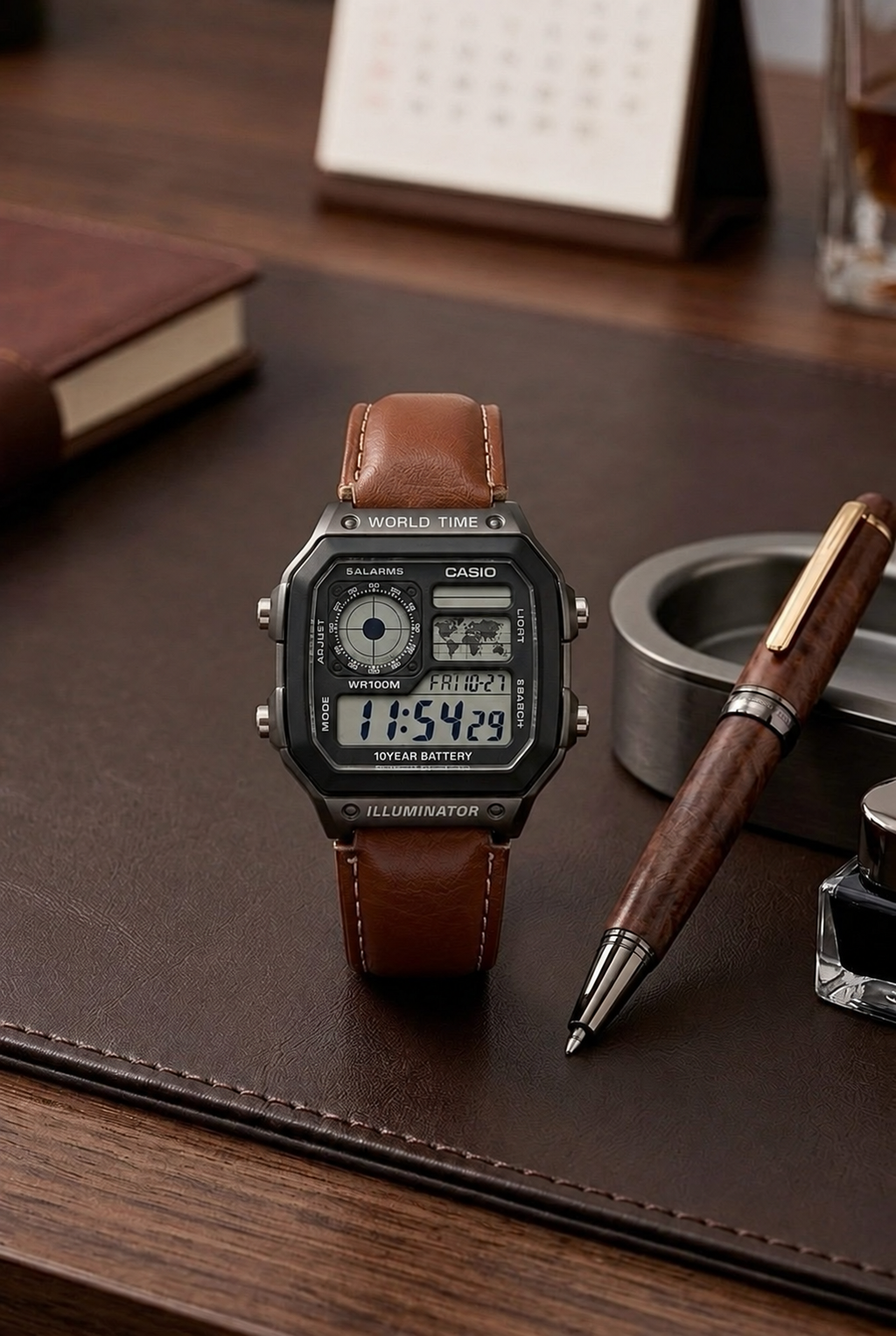 Edited supplied scene of the brown-strap Casio AE-1200WHL replica digital watch, with added watermarks removed