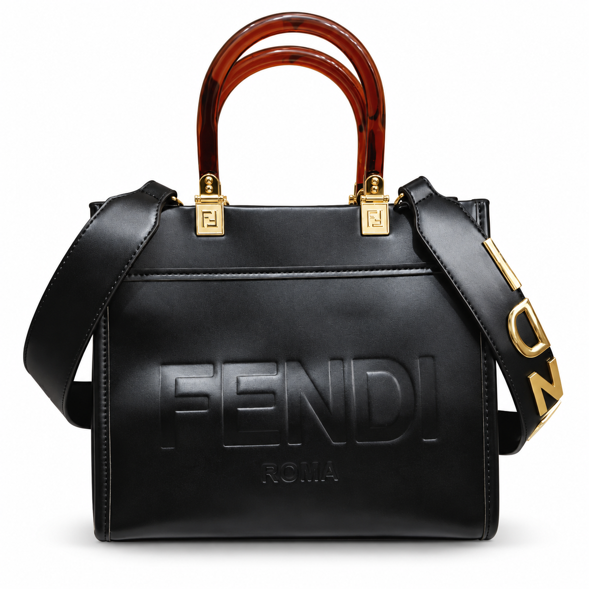 Fendi-marked black tote with amber-brown handles; edited white-background image