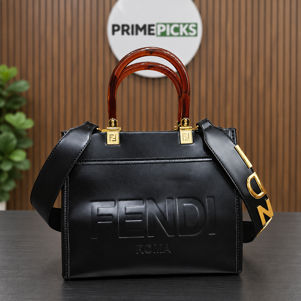 Fendi-marked black tote with a lettered shoulder strap; digitally composited PRIMEPICKS office image