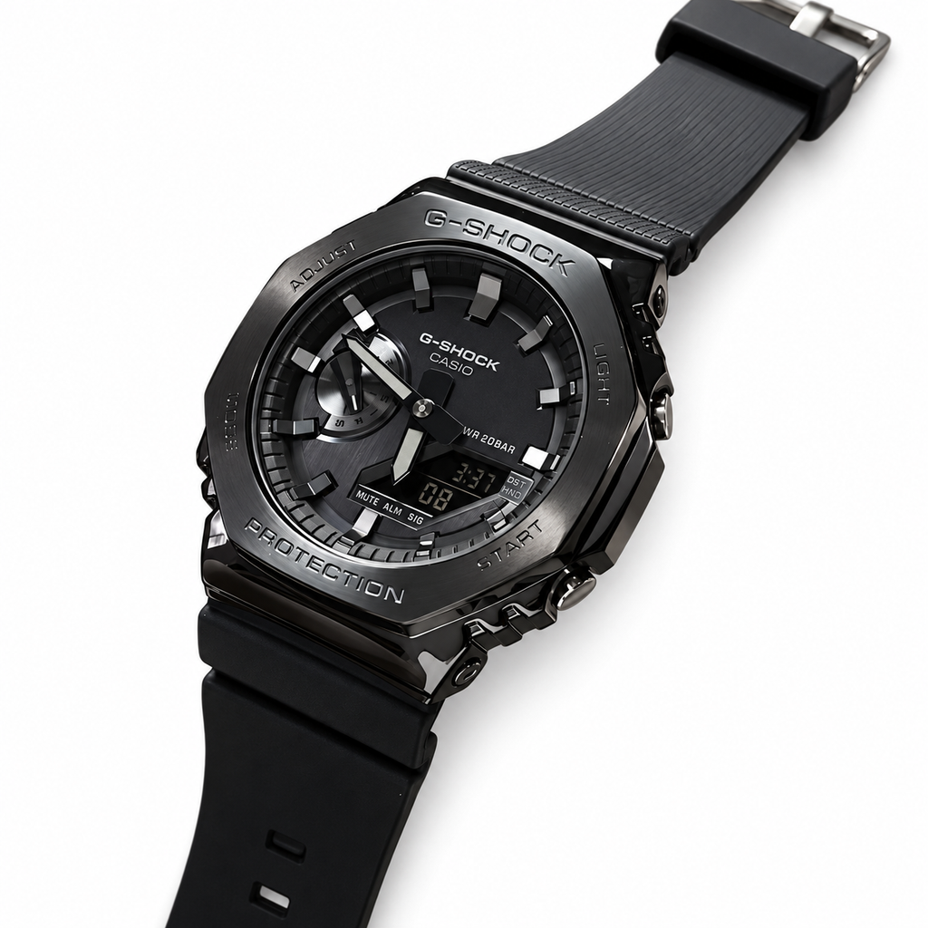 Black and gunmetal G-Shock-marked replica watch; edited white-background image